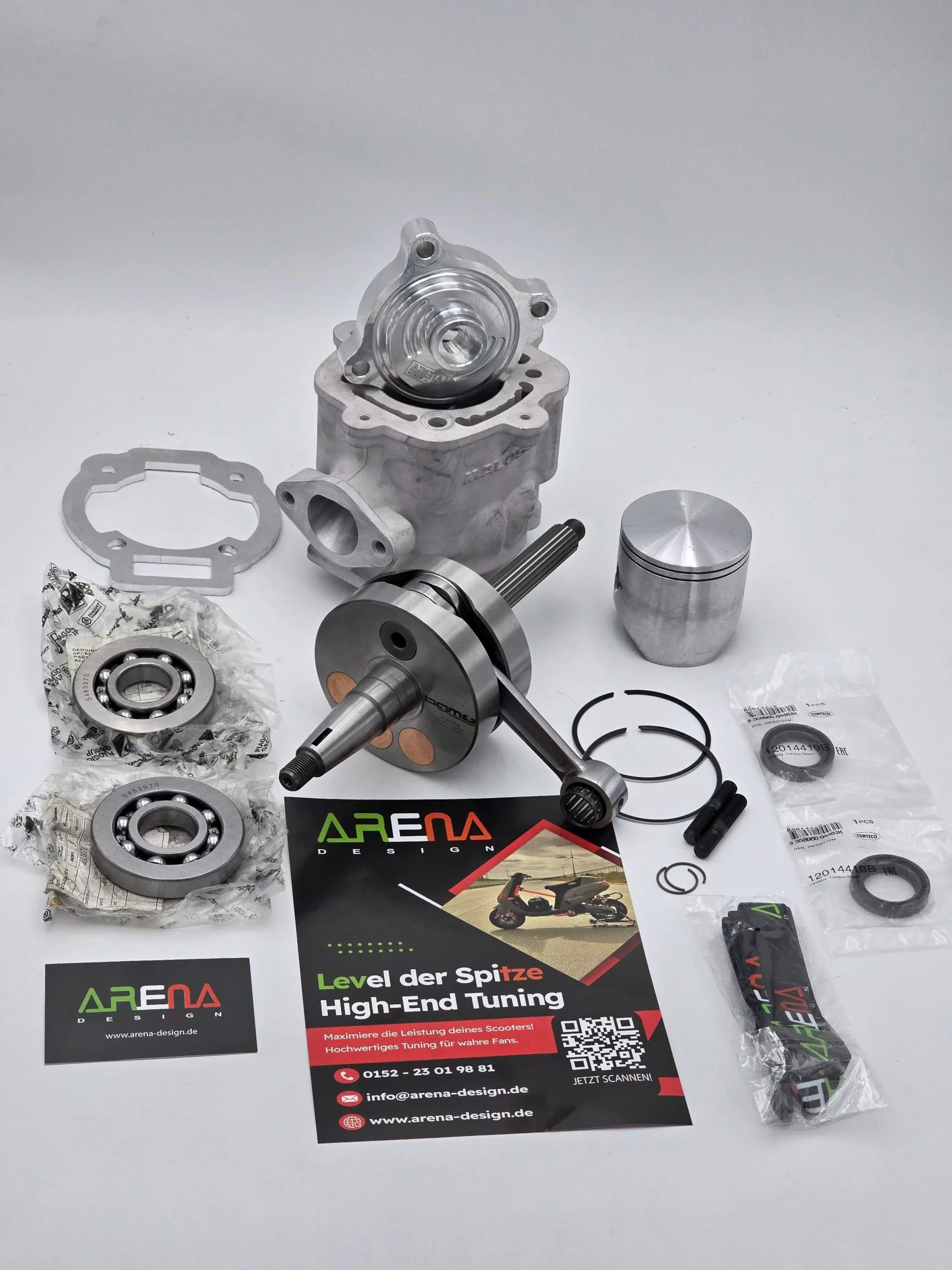 Malossi 172cc SM06 UPGRADEKIT inkl. BGM LANGHUBKURBELWELLE 55/110, ArenaDesign Racing Kopf, Piaggio Lager, Corteco Simmerringesatz – Bild 6