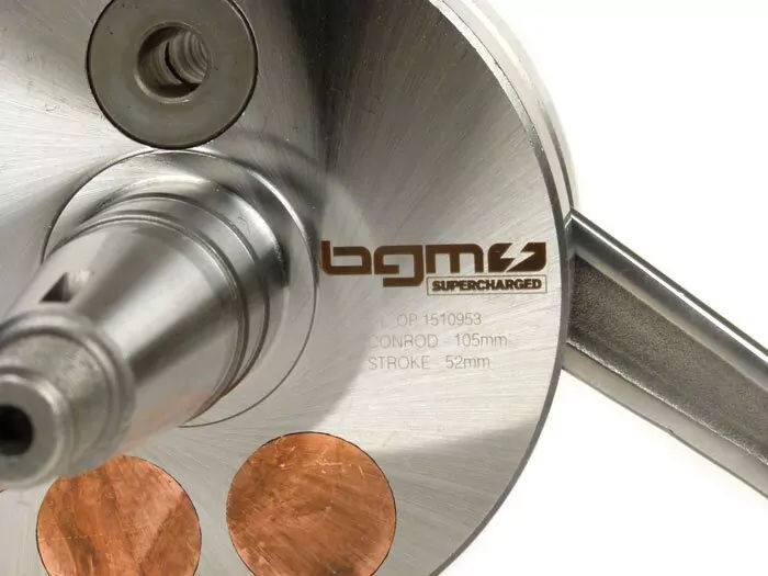 Kurbelwelle -BGM Evolution 52mm Hub, 105mm Pleuel Ø=90mm Wangen- Piaggio Maxi 2-Takt, Aprilia SR125, Gilera Runner 125FX, 180FXR, Italjet Dragster 125, 180, Piaggio SKR125, SKR150, TPH125, Skipper125, Skipper150, Hexagon 125EX, 150EX, 125LX, 180LXT – Bild 4